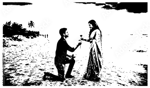 Tableau sur toile Romantic marriage proposal on beach vector illustration with man kneeling down g