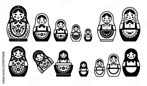 Photos Russian nesting dolls matryoshka vector icon collection set with black and white