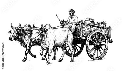 Foto Traditional indian bullock cart vector illustration featuring rural farmer trans