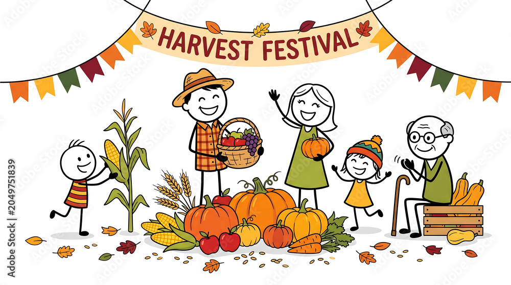 Fototapeta premium Stick Figures Celebrating Harvest Festival