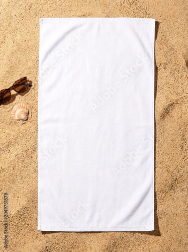 A blank white beach towel mockup flat lay on sand with sunglasses and a seashell for custom summer merchandise design