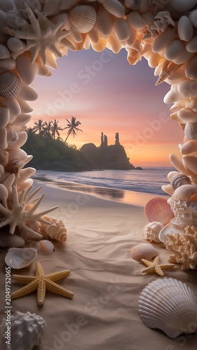 Beach sunset viewed through a natural archway made of seashells and coral on a sandy shore