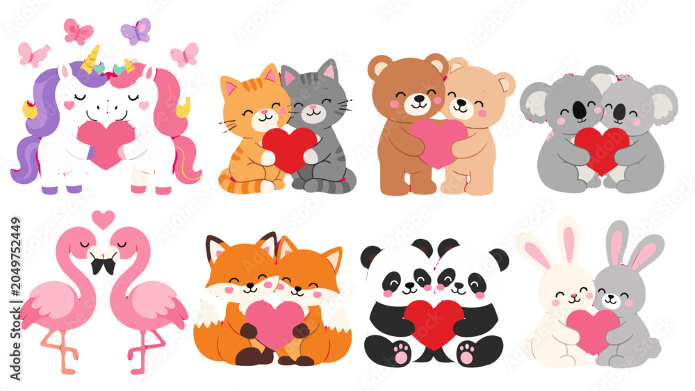 Obraz premium Cute animal couples holding hearts in cartoon vector set
