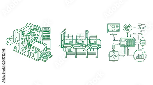 Quadro su tela Industrial Automation, Printing, and Logistics Process Vector Icons