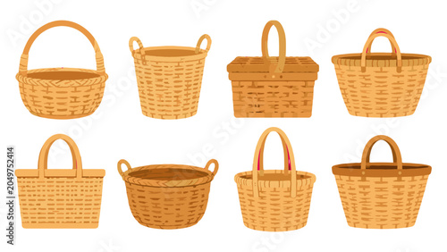 Schilderij op canvas Set of woven wicker baskets and picnic hamper vector icons