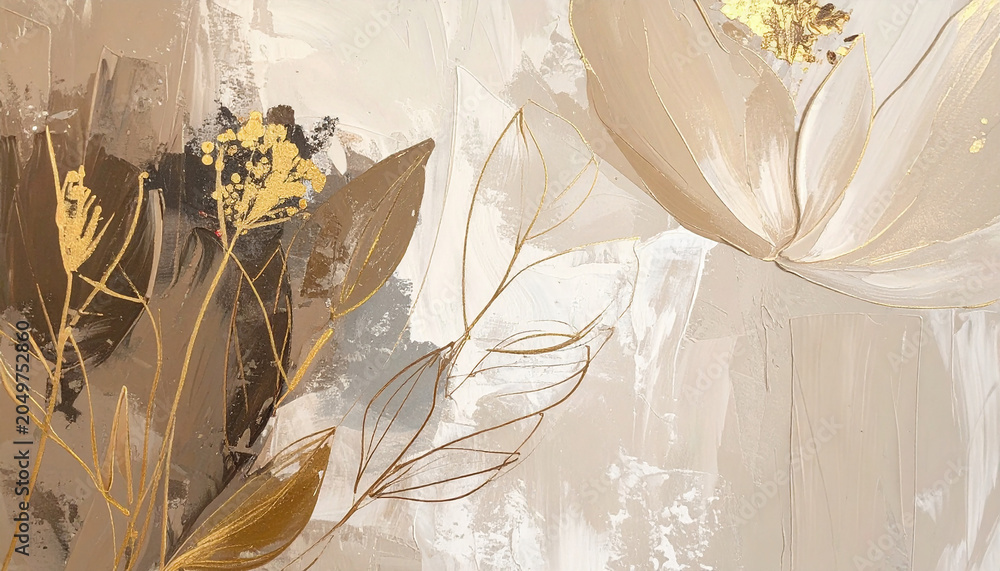 Fototapeta premium Contemporary abstract oil painting with bold textured strokes, delicate gold floral line drawings, botanical inspiration, neutral earthy tones, elegant composition.