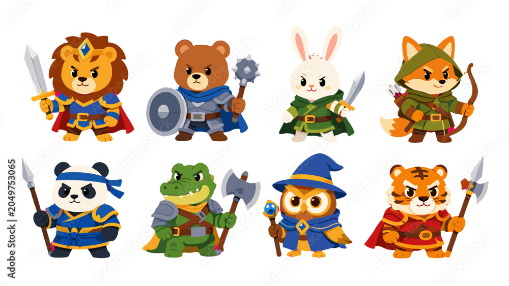 Obraz premium Cute fantasy animal warrior characters vector set