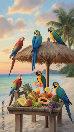 Group of colorful macaws relaxing on a beach umbrella with tropical fruits and drinks at sunset
