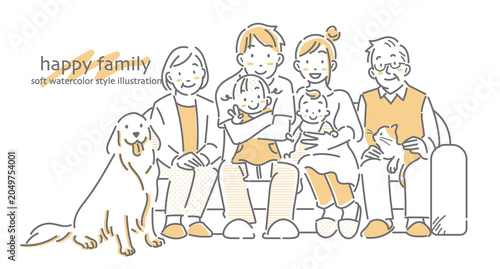 A simple yet stylish line drawing illustration of a smiling three-generation family sitting on a sofa.