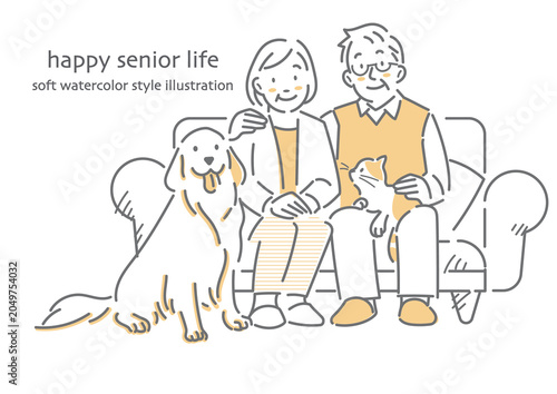 A smiling senior couple sitting on a sofa - a simple and stylish line drawing illustration.