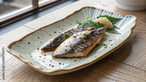 Photorealistic grilled mackerel on rustic ceramic plate with wood table daikon shiso and soft smoky window light