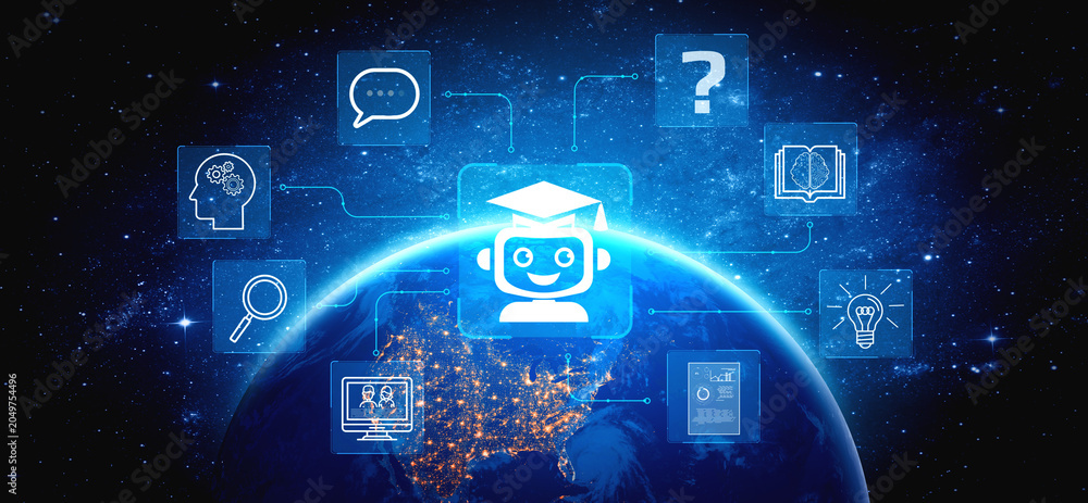 Naklejka premium Digital Learning and Technology Integration Concept with Illustrations Representing Knowledge, Inquiry, and Communication on Globe. Entropy.