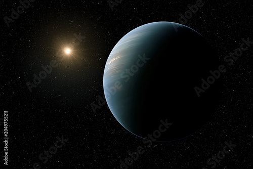 Illustation d'une sous-Neptune, une exoplanète ayant entre 2 et 10 fois la masse de la Terre et une taille comprise en ~1,4 et 3,5 fois le rayon de la Terre.