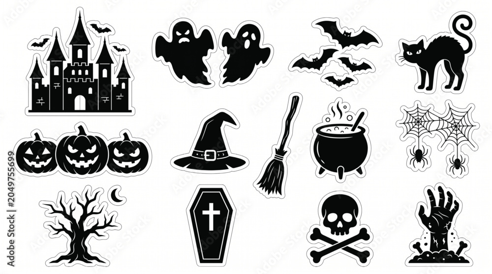 Fototapeta premium Set of Black and White Halloween Icon Stickers Featuring Spooky Haunted Castle Ghost Bat Cat Pumpkin Witch Hat Broom Cauldron Web Skull and Coffin Designs