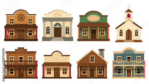 Quadro su tela Set of western town buildings and church in flat vector style