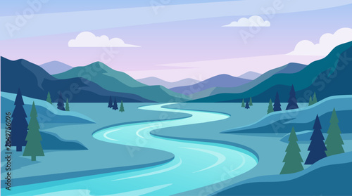Mountain landscape illustration with winding river and blue purple gradient