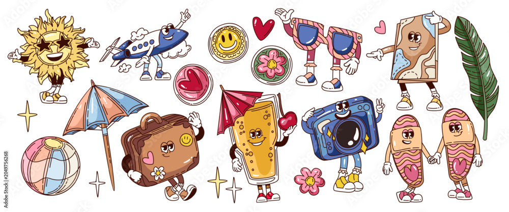 Fototapeta premium Travel Mascot Icons Set of groovy cartoon characters with airplane, suitcase, camera, globe, ocean wave and summer accessories. Travel mascot icons set in retro outline style vector illustration.