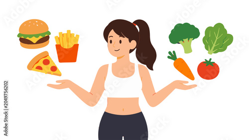 Fotografie Woman choosing between fast food and fresh vegetables illustration