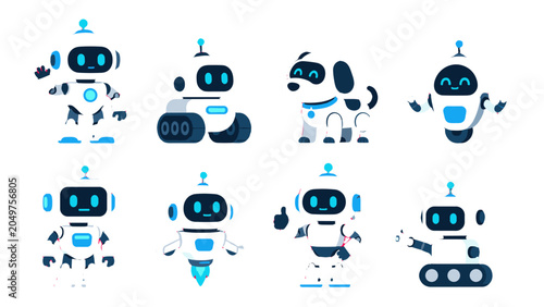Schilderij op canvas Set of cute cartoon robot characters and a robot dog
