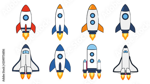 Tableau sur toile Set of colorful cartoon rockets and space shuttles icons