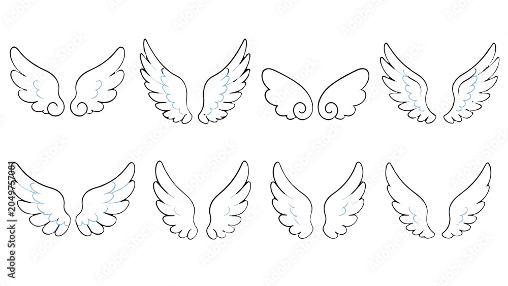Fototapeta premium Set of hand drawn angel wing outline pairs on white