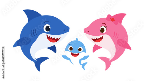 Obraz na plátně Cute cartoon shark family with blue, pink, and baby sharks