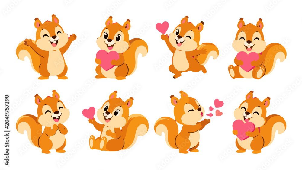Obraz premium Cute squirrel cartoon set with hearts in different poses