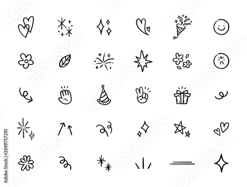 A set of simply drawn black doodle-style icons. Doodle illustration stickers for decoration.