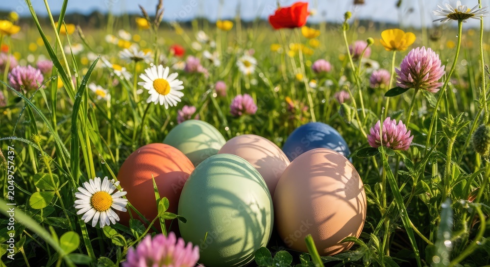 Fototapeta premium Easter eggs in a field flowers.