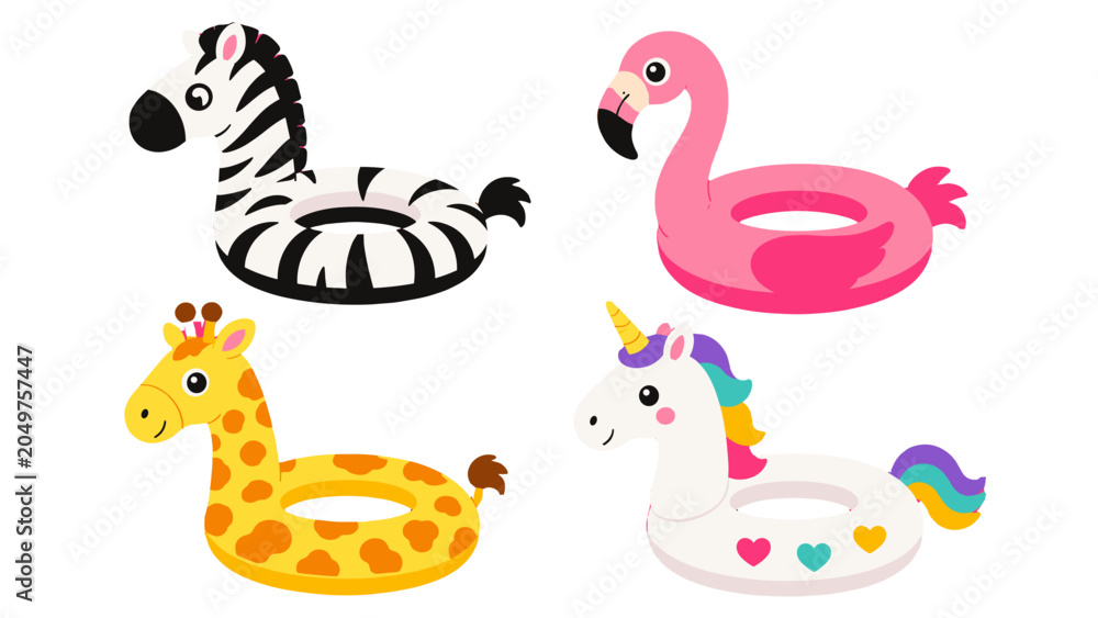 Fototapeta premium Set of animal themed inflatable swim rings in cute vector style