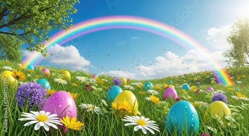 Easter eggs in a colorful meadow.