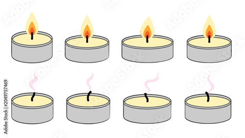 Schilderij op canvas Set of lit and extinguished tealight candles vector illustration