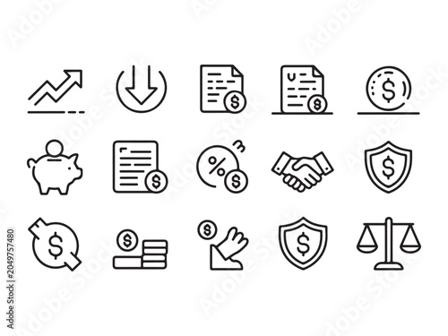 Setoffinancialiconsinminimaliststyleforbusinessandeconomyconcept  various symbols for money management and investment