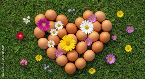 Heart shaped eggs and colorful flowers.