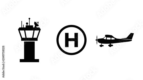 Tableau sur toile Aviation Icon Set with Control Tower, Helipad, and Propeller Plane