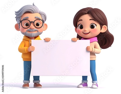 A 3D cartoon illustration of an elderly man and a young girl holding a blank sign