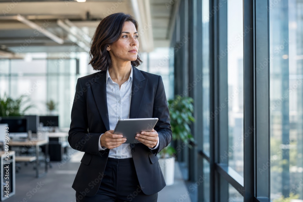 Fototapeta premium Thoughtful businesswoman stands near a large window in an office, holding a tablet and looking out, contemplating strategy.