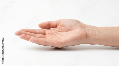 Open palm hand gesture, a human hand with an empty space for product placement or holding, isolated on a clean white background, ideal for advertising and conceptual designs.
