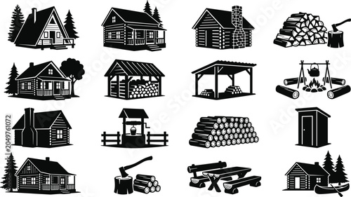 Quadro su tela Rustic countryside log cabins, woodland homestead silhouettes with firewood, axe