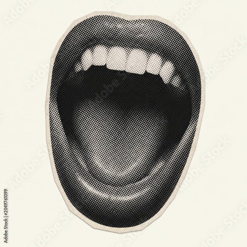 Halftone dot illustration of a wide-open mouth with teeth showing, expressing shock, surprise, or a loud exclamation.