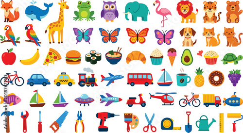 Photography Large Set of Cute Cartoon Stickers with Wild Animals, Sweet Treats, Vehicles, an