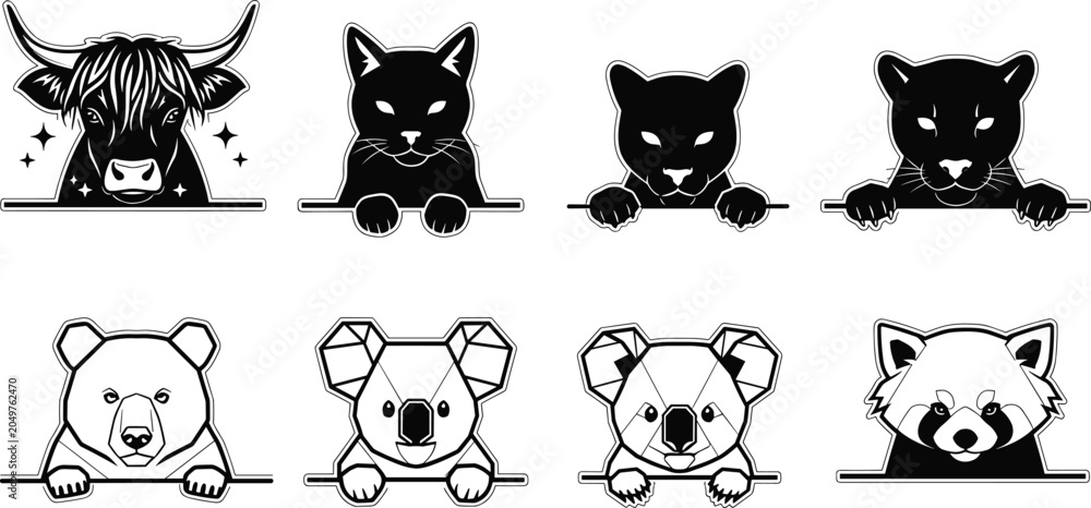 Obraz premium Cute Peeking Animals Vector Icon Set Featuring Cow Cat Panther Bear Koala and Red Panda Characters for Creative Kids Design and Animal Lovers Graphics