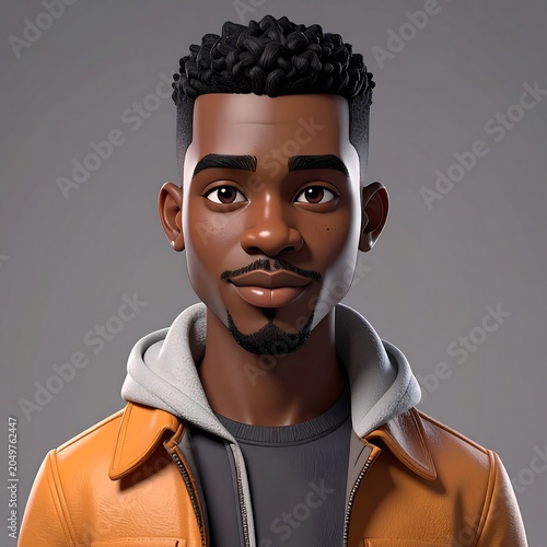 A 3D cartoon rendering of a young man with dark skin, short black hair, and a goatee, wearing an orange jacket and gray hoodie against a gray background