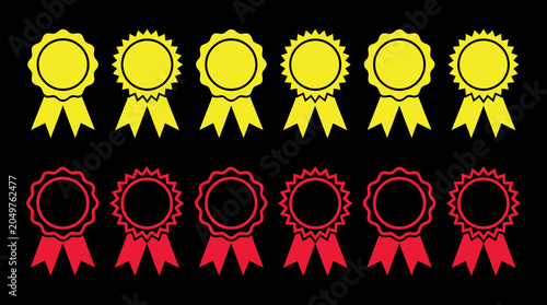 Foto Set of award ribbon rosette icons in yellow and red with achievement excellence