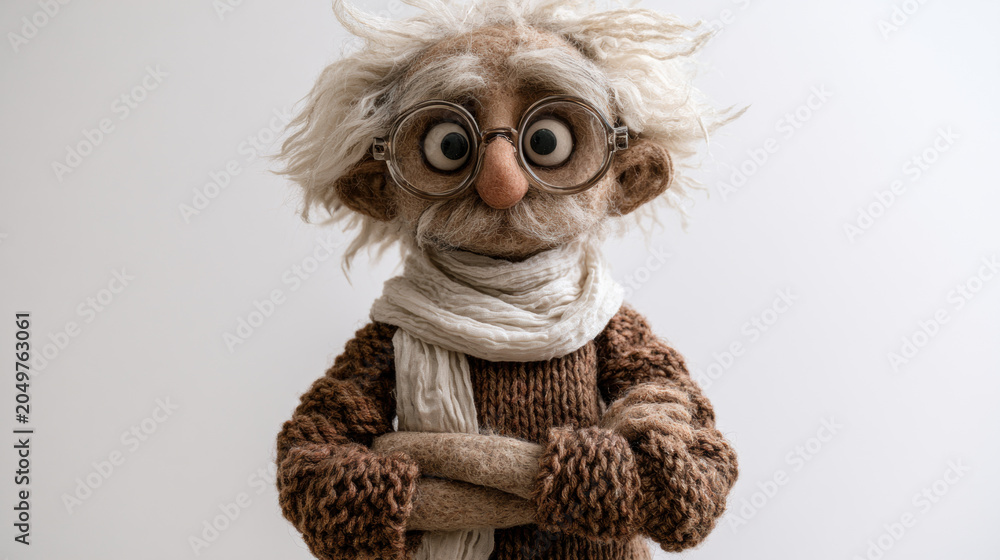 Obraz premium Elderly man puppet handmade doll front view portrait wool hair round eyeglass knitted sweater white scarf calm expression
