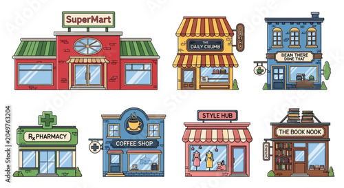 Fényképezés Colorful storefronts and shops illustration.