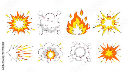 Foto Cartoon explosion, smoke and fire burst icon set