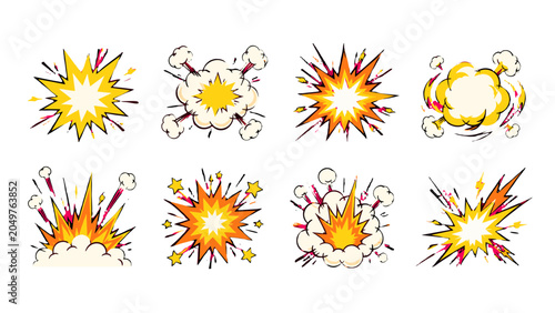 Quadro su tela Set of comic explosion bursts and smoke cloud effects