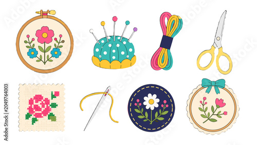 Fotografi Colorful sewing and embroidery tools with floral needlework set