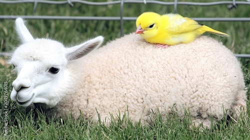 A serene white sheep reclining on green pasture with a bright yellow canary perched on its back